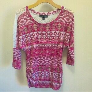 Almost Famous 3/4 Drop Shoulder Sleeve White Lace Shoulders Ruched Side Sz Large